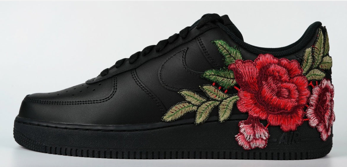 Air Force 1 Custom Black Shoes Sneakers Red Rose Flower Floral Mens Womens Kids