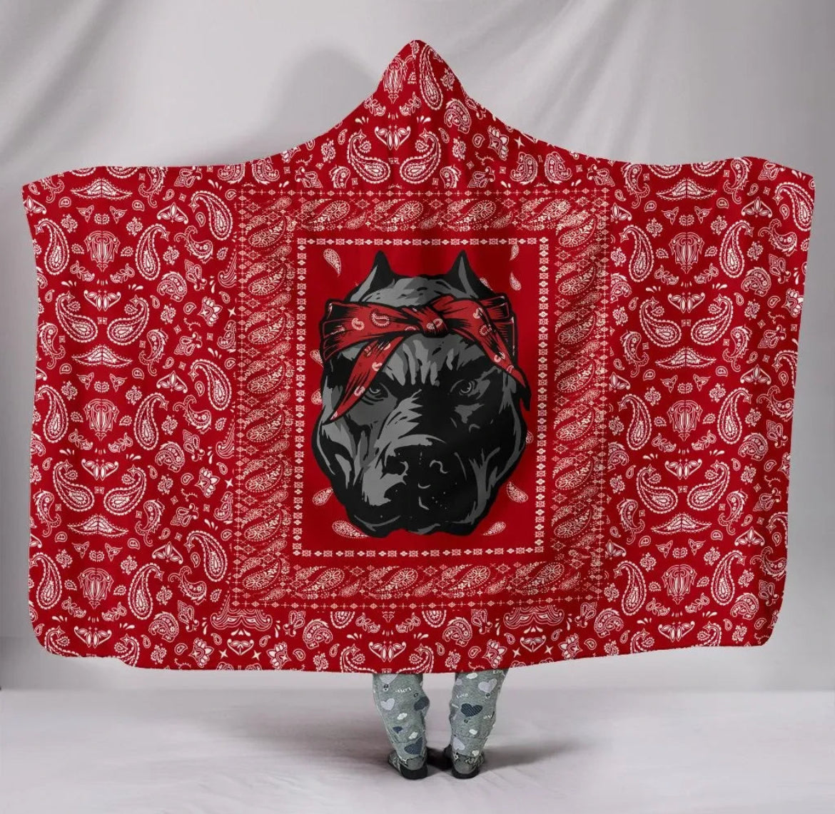 Red Bandana Pitbull Hooded Blanket – Bold Paisley Print