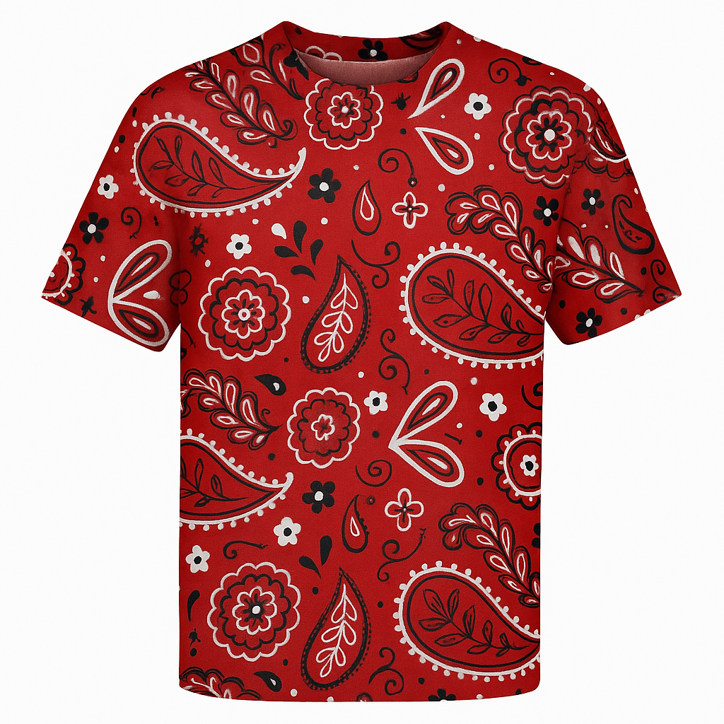 Damu Kustom Red Paisley Print T-Shirt – Bold Bandana Streetwear Tee