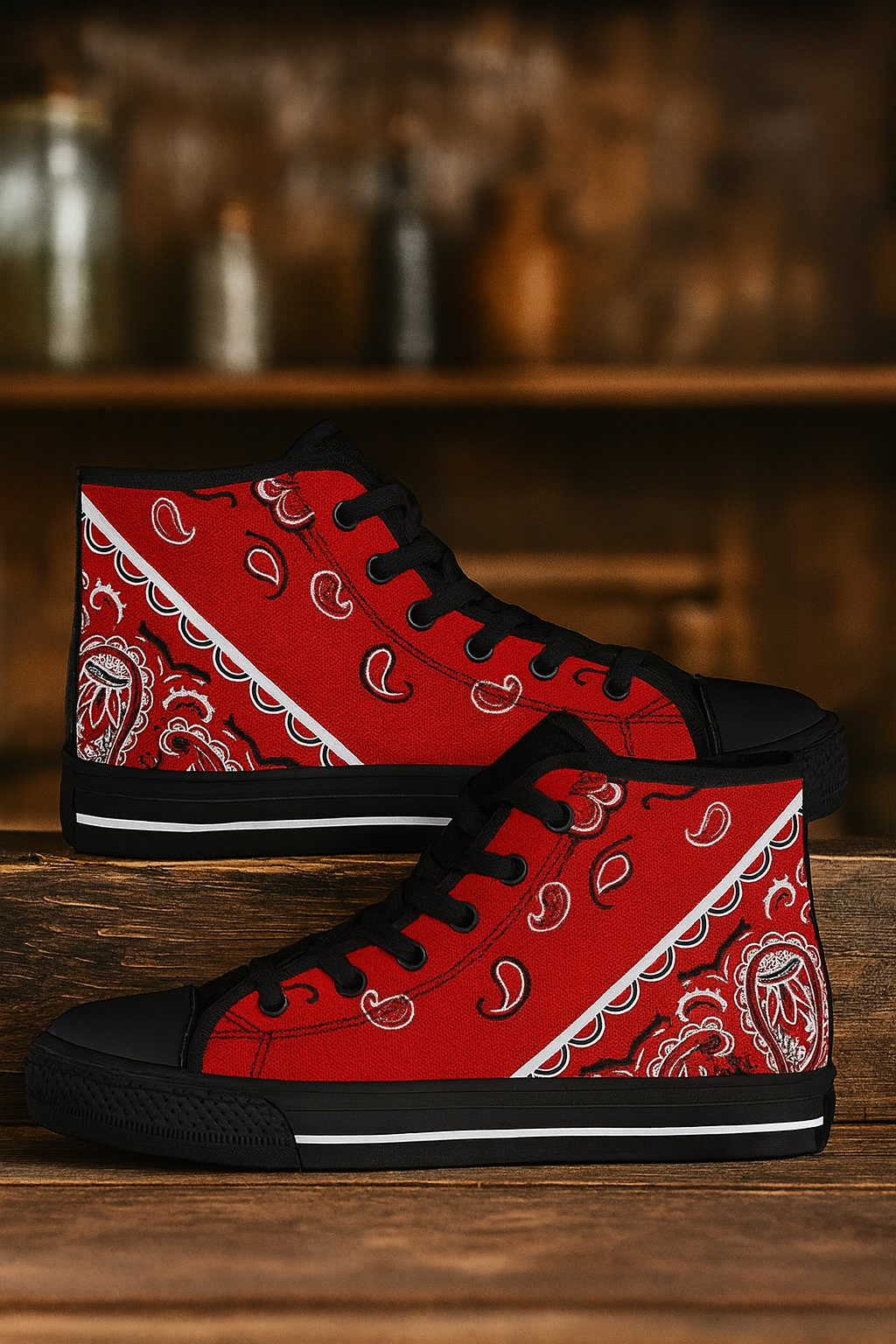Damu Kustom Red Paisley High-Top Sneakers – Bold Bandana Streetwear Shoes