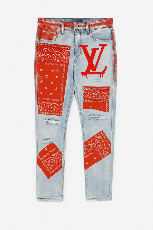 Red Bandana Patchwork Distressed Denim Jeans