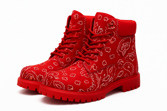Red Bandana Print Lace-Up Boots