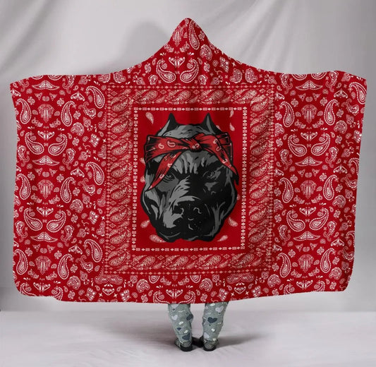 Red Bandana Pitbull Hooded Blanket – Bold Paisley Print