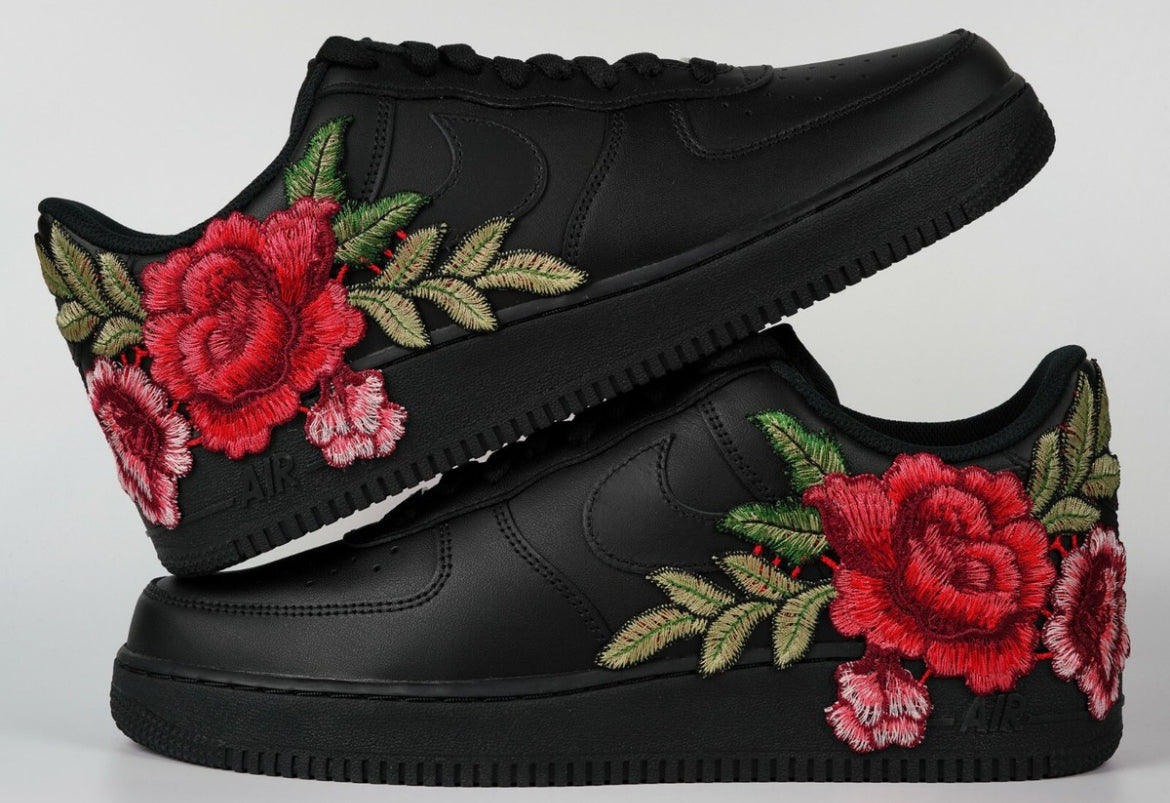 Air Force 1 Custom Black Shoes Sneakers Red Rose Flower Floral Mens Womens Kids