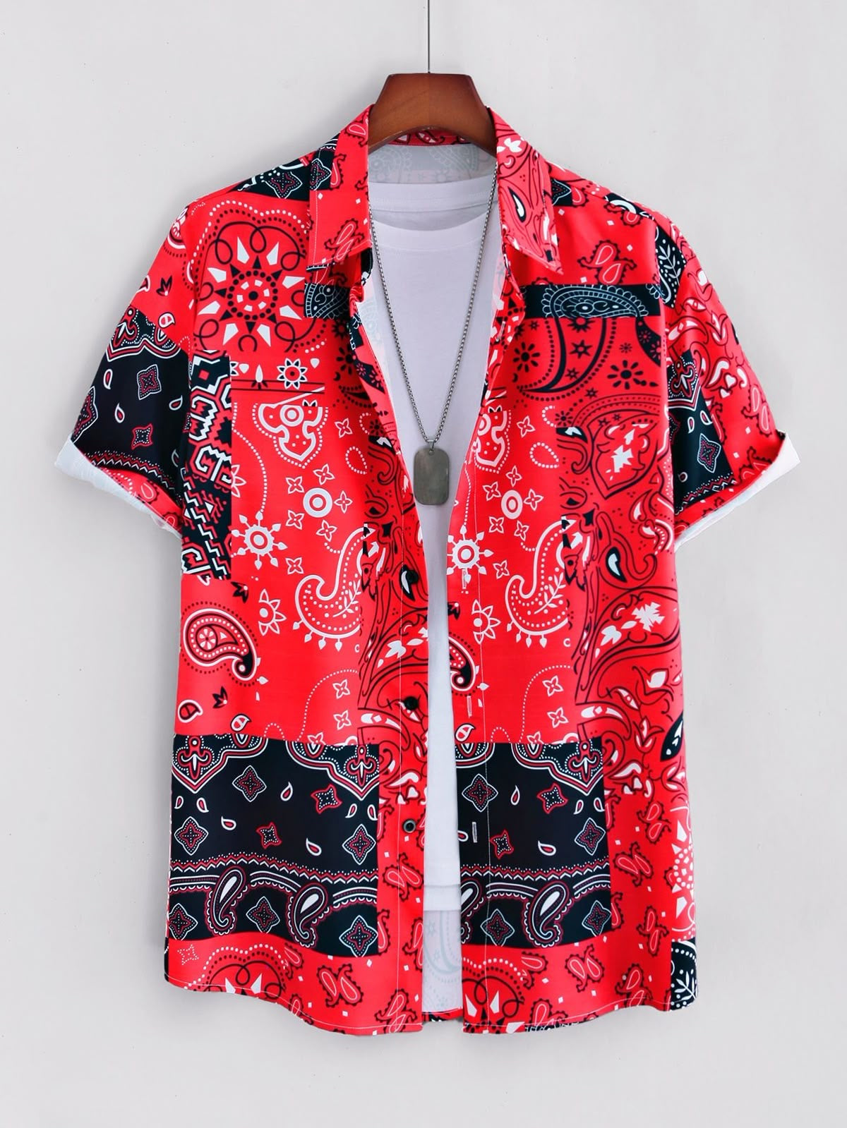 Red Paisley Bandana Print Short-Sleeve Shirt