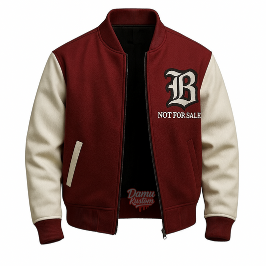 B Not For Sale Varsity Jacket – Burgundy & Cream