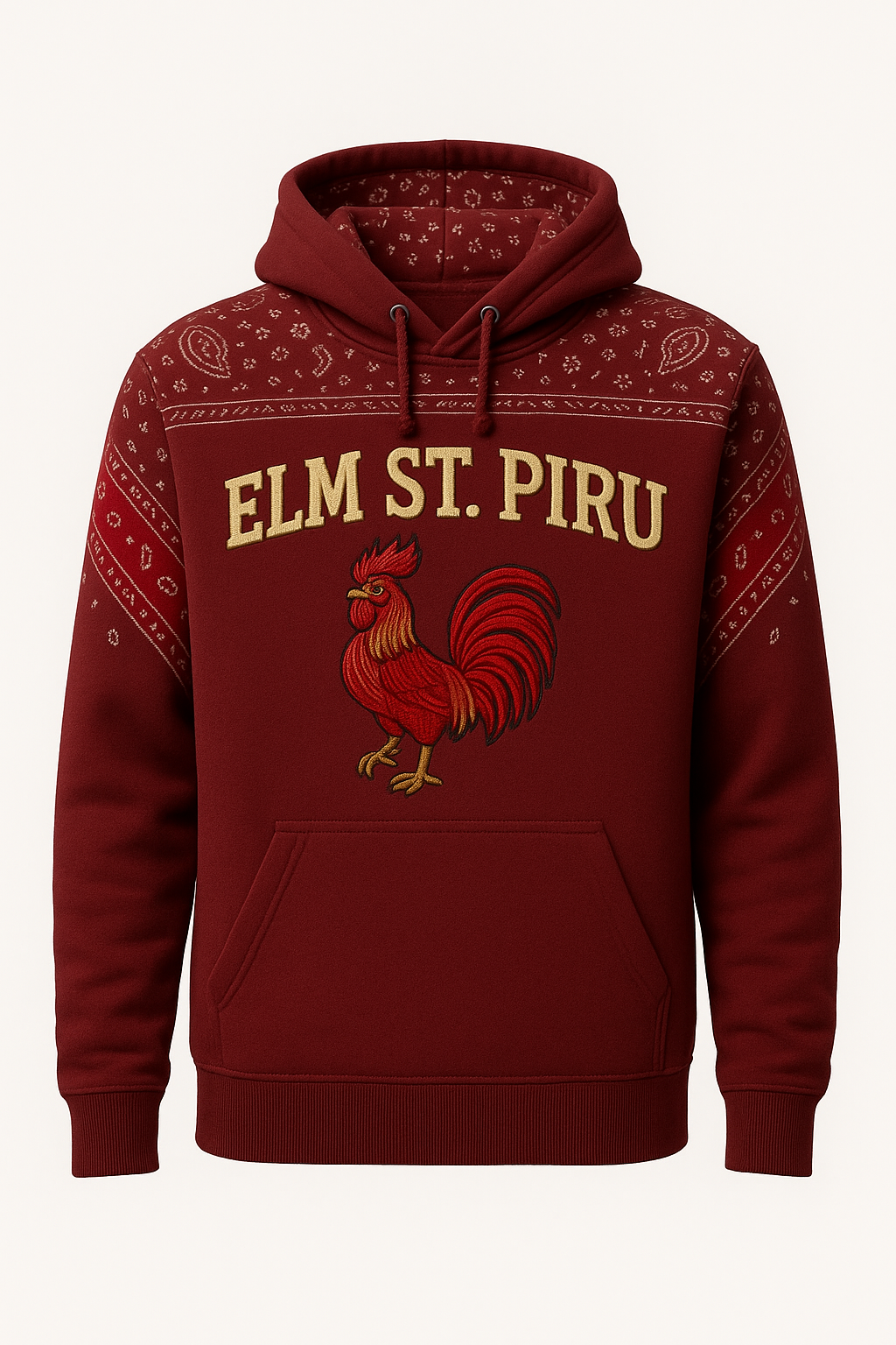 ELM ST. Embroidered Bandana Hoodie – Burgundy Gold Edition