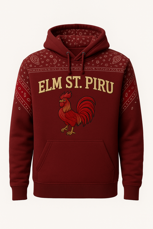 ELM ST. Embroidered Bandana Hoodie – Burgundy Gold Edition