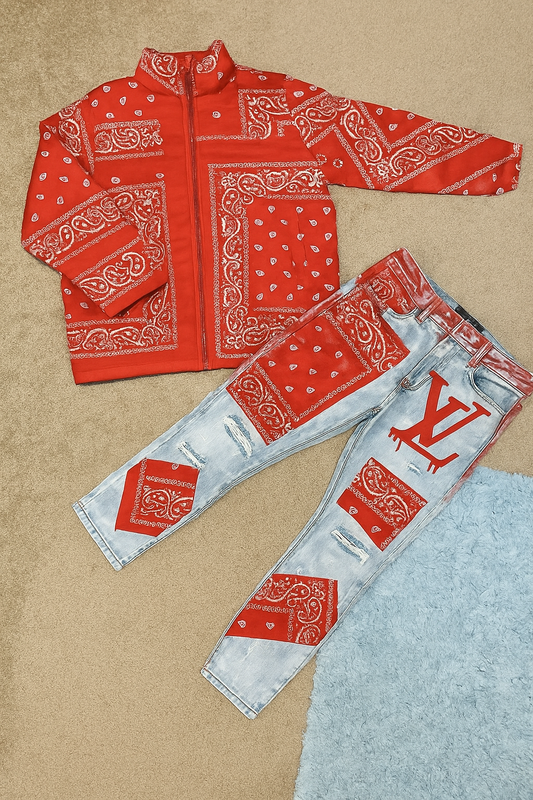 Red Bandana Print Jacket & Distressed Denim Jeans Set – Streetwear 2-Piece Outfit