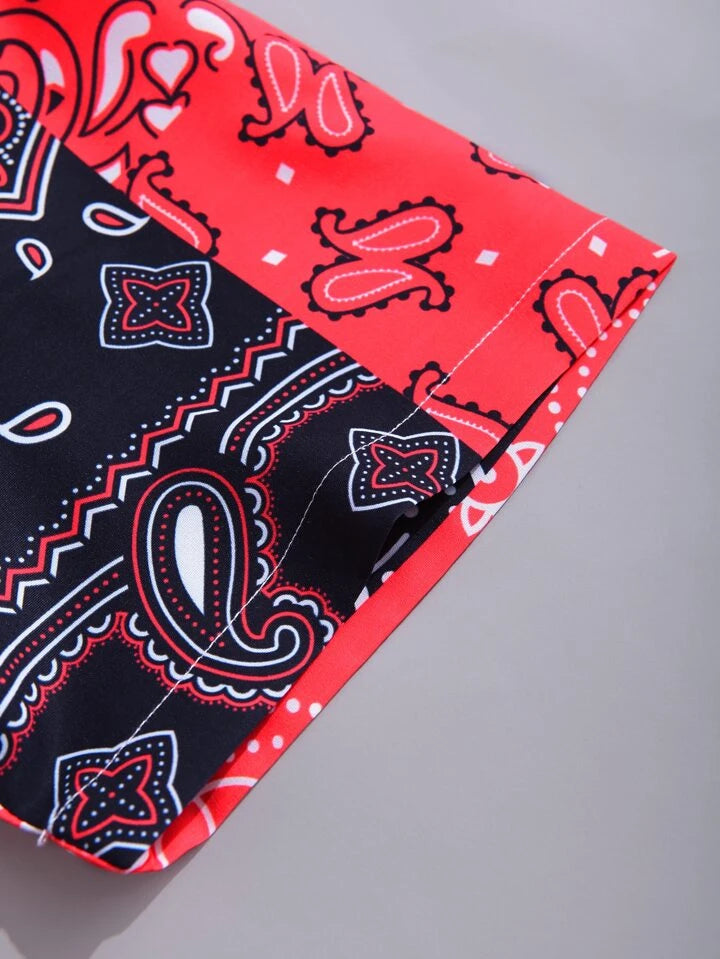 Red Paisley Bandana Print Short-Sleeve Shirt