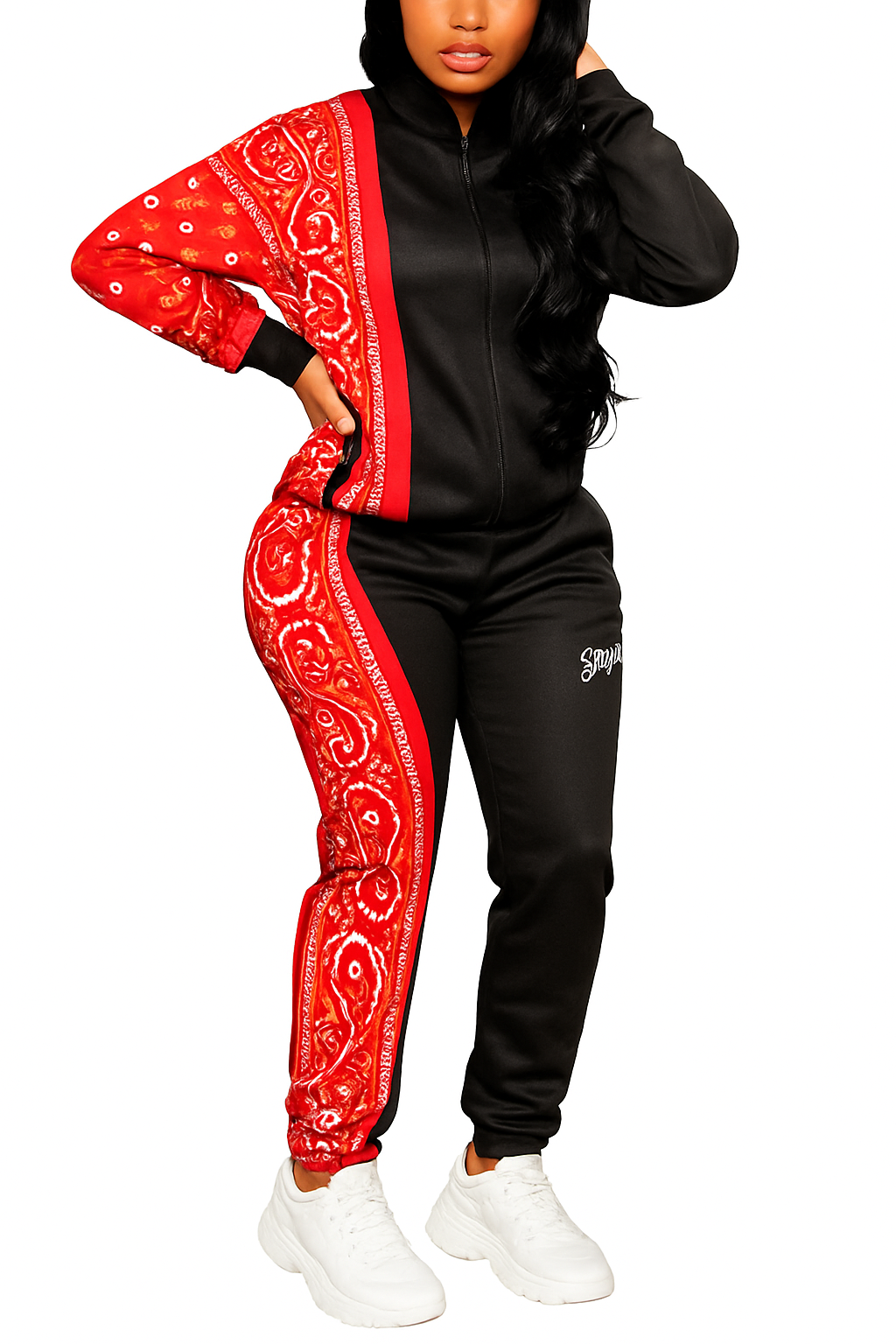 Red & Black Paisley Bandana Tracksuit Set for Women