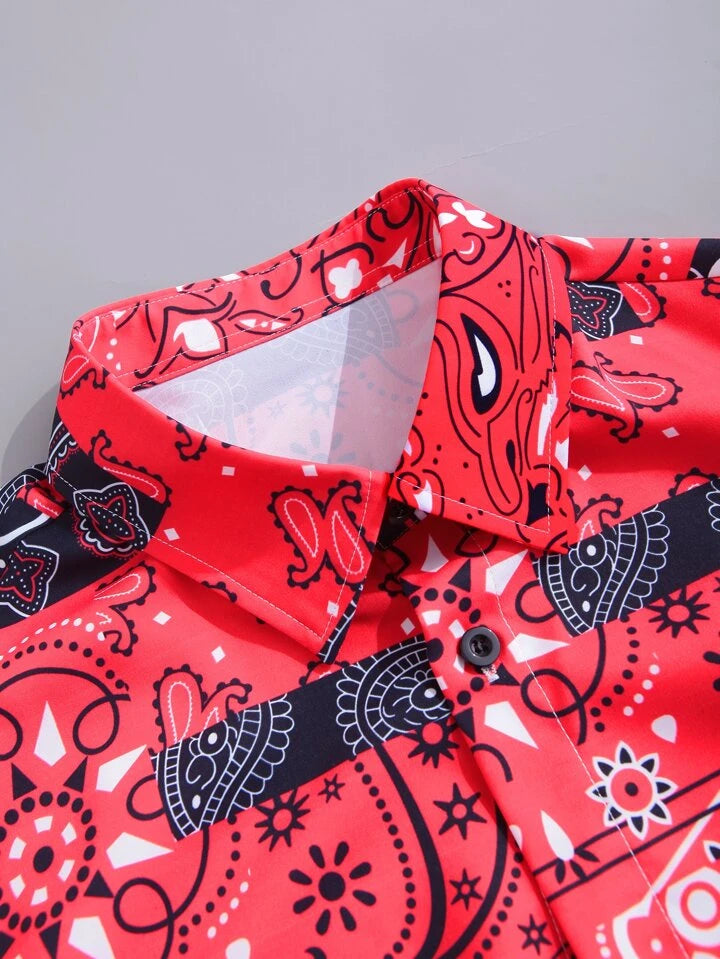 Red Paisley Bandana Print Short-Sleeve Shirt